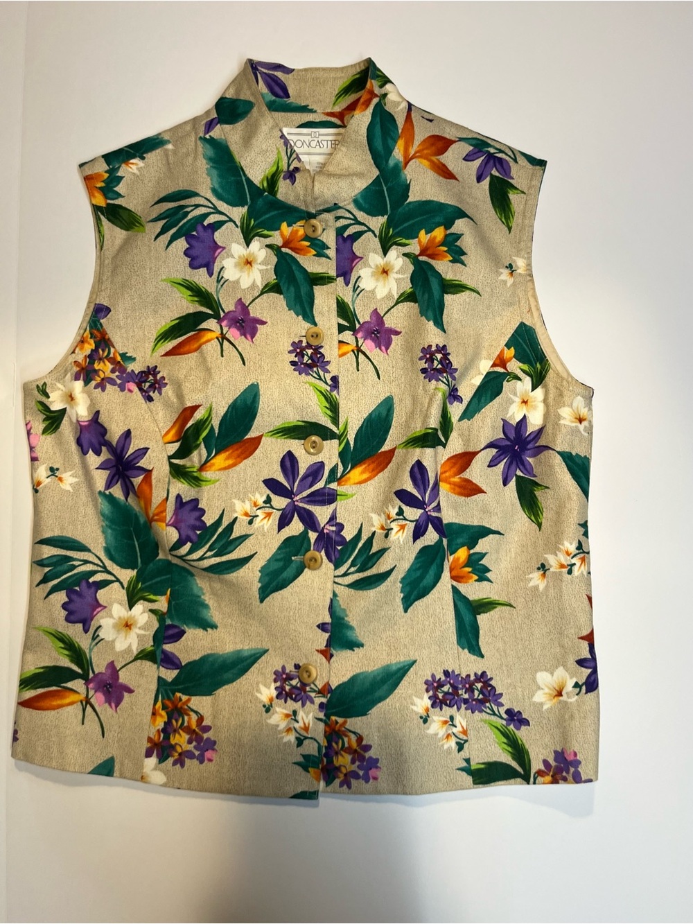 Doncaster Beige Floral Sleeveless Button-Front Top with Green & Purple Print